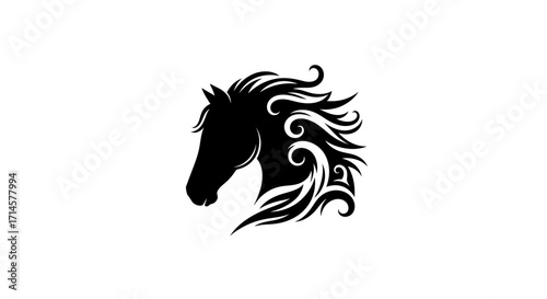 A stylized black silhouette of a horse's head with a flowing, ornate mane against a white background.
