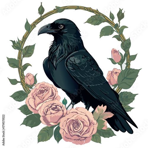 A formal portrait of a powerful witch's familiar. The magnificent raven, with its intelligent eyes, is lovingly framed by its owner's magic, surrounded by ever-blooming pink roses