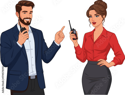 Walkie-talkie communication, business teamwork, professional attire, coordination scene, event management, confident posture, workplace tools, leadership, interaction, strategy