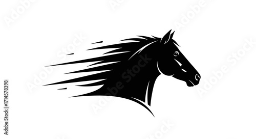 A striking black silhouette of a horse's head with its mane flowing dynamically like streaks of motion.