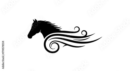 A stylized black silhouette of a horse's head with its mane flowing into decorative swirls, symbolizing speed and grace.