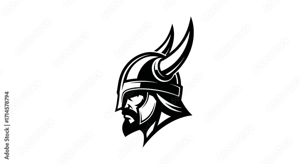 Fototapeta premium A stylized black and white illustration of a Viking warrior's profile, featuring a horned helmet and a beard.