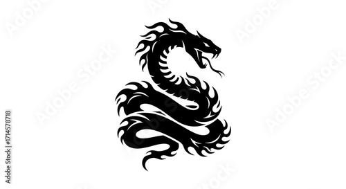 A striking black silhouette of a coiled dragon with fiery accents on its mane and tail, set against a plain white background.