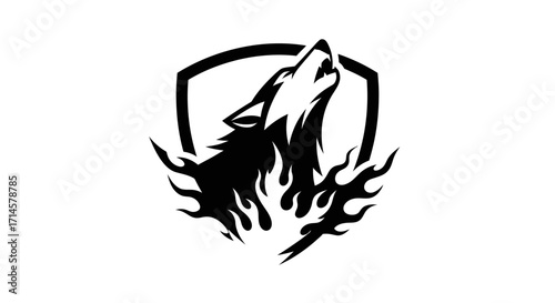 A black and white graphic illustration of a wolf howling with flames erupting from below, set against a shield.