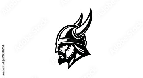 A stylized black and white illustration of a Viking warrior's profile, featuring a horned helmet and a beard.