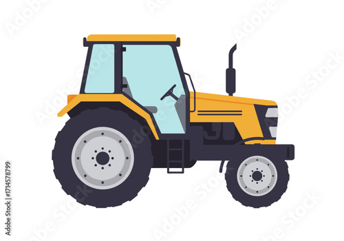 Cartoon yellow tractor in side view with large black tires  