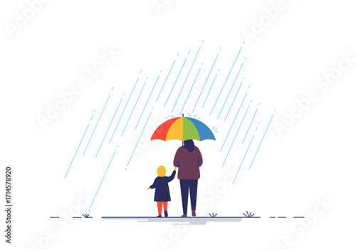 Rainy day walk with child and umbrella  