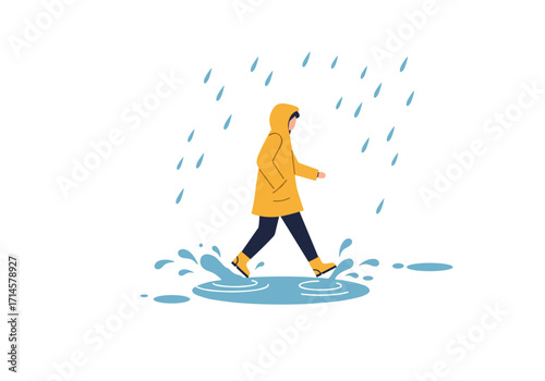 Person walking in yellow raincoat splashing in puddles under rain  