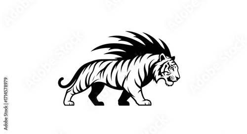 A black and white illustration of a mythical creature that is a hybrid of a tiger and a porcupine, walking with its quills raised.