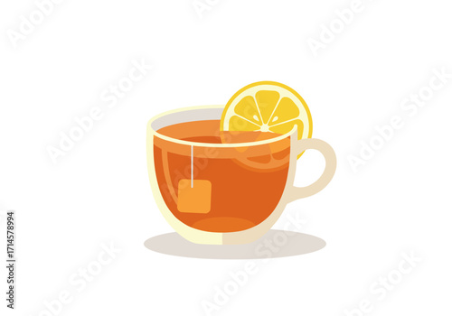 Tea cup with lemon slice and tea bag on white background  