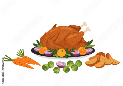 Thanksgiving dinner with roasted turkey and colorful vegetables  