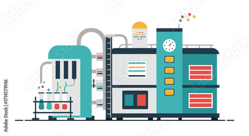 Modern flat design of a chemical plant with colorful equipment and laboratory setup