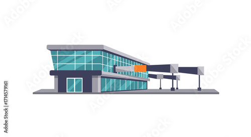 Modern flat design gas station building with glass facade