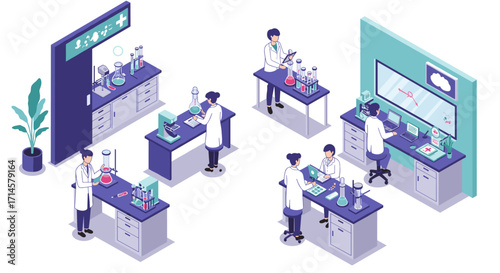 Isometric laboratory with scientists conducting research in modern lab setting