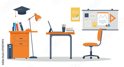 Modern workspace design with educational elements and office furniture in flat style