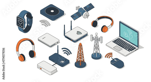 Modern technology gadgets and devices in isometric design for wireless communication