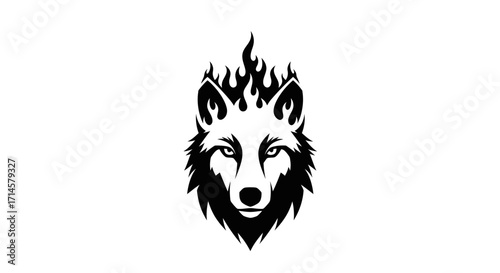 A striking black and white illustration of a wolf's head with flames erupting from its forehead.