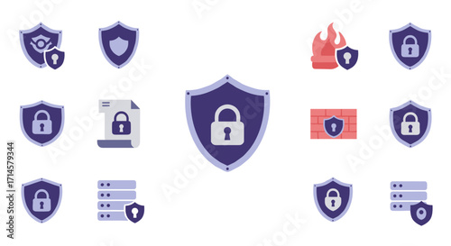 Cybersecurity icons set: shield, lock, firewall, and document for network protection