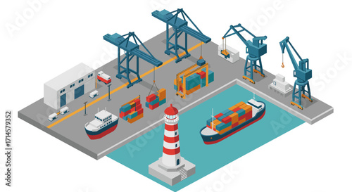 Isometric shipping port with cranes, containers, and lighthouse