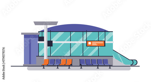 Modern flat style airport terminal with seating and glass facade