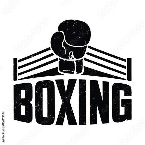 Vintage boxing with distressed texture, bold typography, boxing glove, and ring ropes illustration, retro sports combat logo design for fitness, martial arts, training, competition, athletic