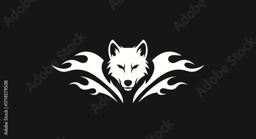 A striking white wolf head emblem with stylized flames emanating from its sides against a black background.