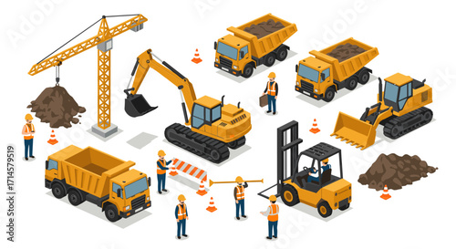 Construction vehicles and workers isometric design with excavator, bulldozer, and crane