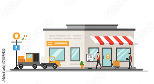 Colorful cafe arrival with truck delivery and people interacting