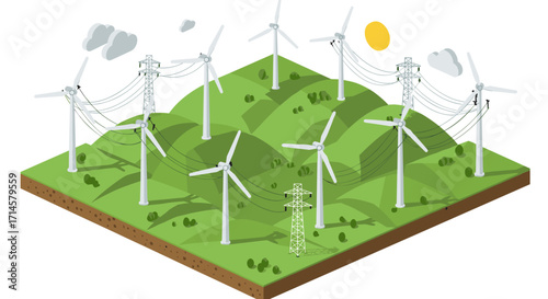 Isometric wind farm on rolling hills with power lines and turbines