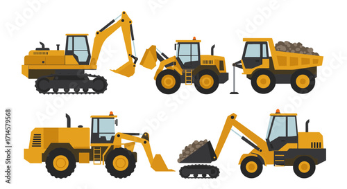 Flat construction vehicle set: excavators, loaders, dump trucks in yellow