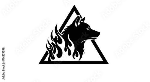 A black silhouette of a wolf's head with flames erupting from its neck, enclosed within a black triangle.