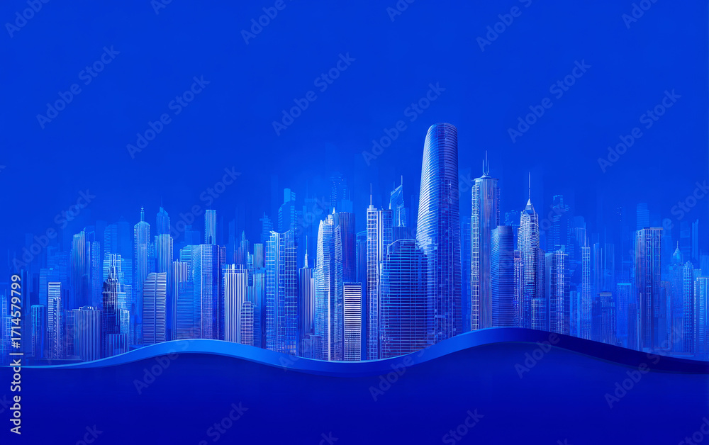 Obraz premium Blue-toned modern city skyline with tall buildings and waves