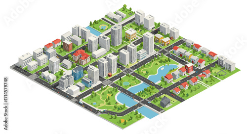 Isometric urban landscape with modern buildings and green spaces