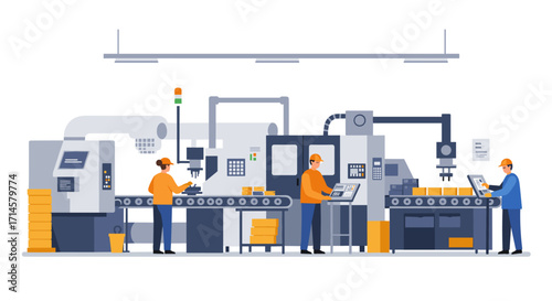 Modern assembly line with factory workers and industrial machinery in a flat design