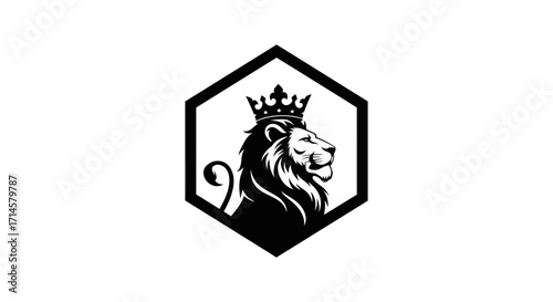 A striking black and white logo featuring a majestic lion wearing a crown, enclosed within a hexagonal frame.