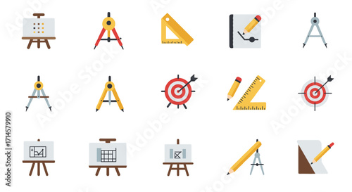 Flat design creative tools set with compass, easel, pencil, target, and ruler icons