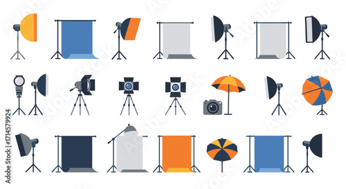 Comprehensive photography gear set featuring tripods, umbrellas, and backdrops