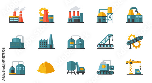 Industrial factory icons set featuring machinery and equipment in flat design