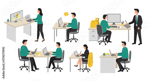 Modern office scenes with professionals engaged in work activities