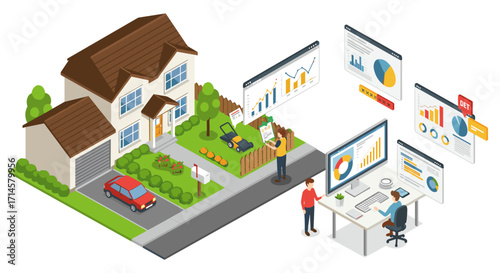Smart home and office with analytics and automation in isometric design