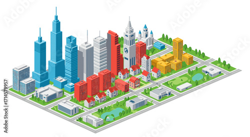 Isometric cityscape with skyscrapers and residential areas in modern design