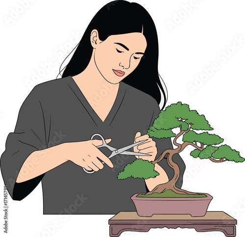 Woman Pruning Bonsai Tree with Scissors on Transparent Background Gardening Art