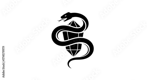 A black silhouette of a coiled snake wrapped around a faceted crystal on a white background.