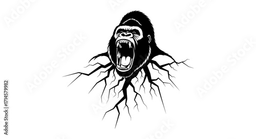 A black and white illustration of a furious gorilla emerging from cracked ground, with its mouth wide open in a roar.