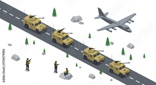 Military convoy on road with aircraft in isometric style