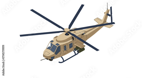 Detailed isometric military helicopter with rotors in motion