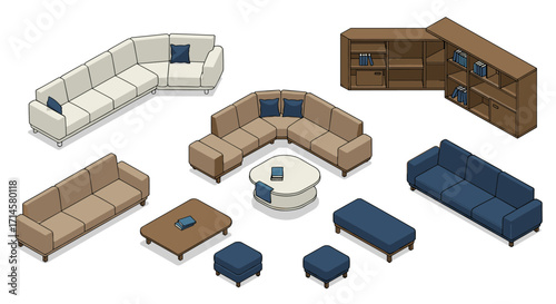 Isometric living room furniture set featuring sofas and shelving units
