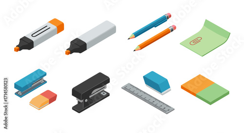 Isometric stationery collection: pencils, markers, ruler, stapler, and erasers