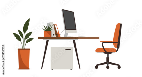 Modern minimalist office workspace with computer and plant elements