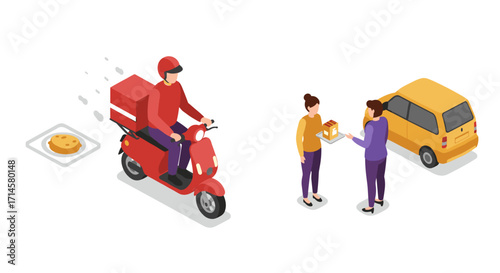 Cookie delivery concept with scooter and hand-off in isometric urban setting